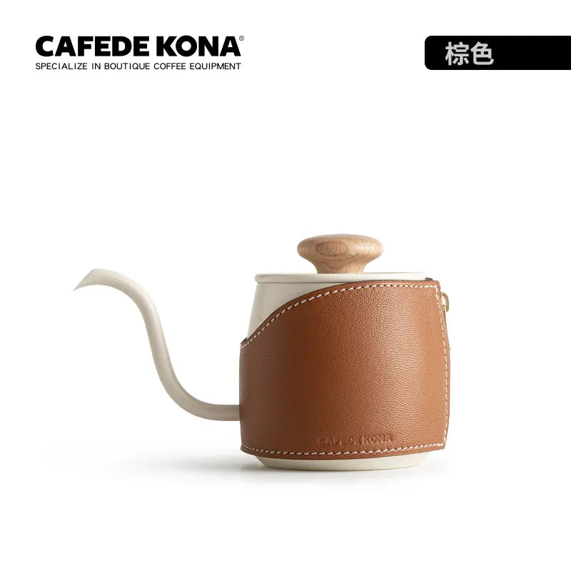 Bouilloire à Col de Cygne Sans Poignée 360ml – Cafetière à Verser Design en Acier Inoxydable et Cuir