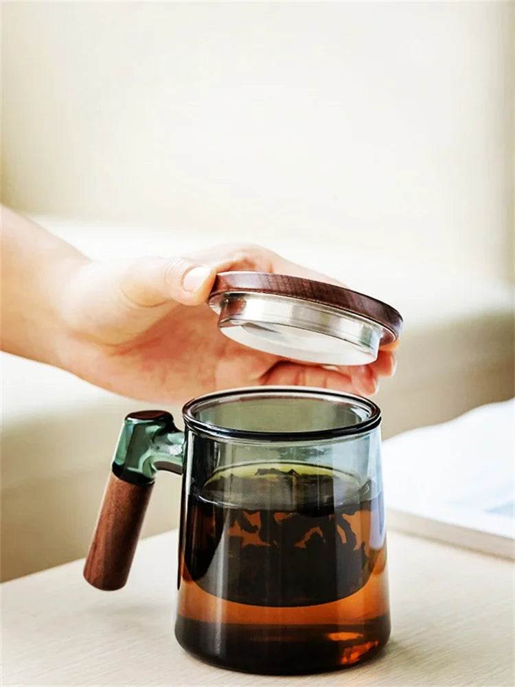 Théière Verre Fumé avec Poignée Bois, 400ml