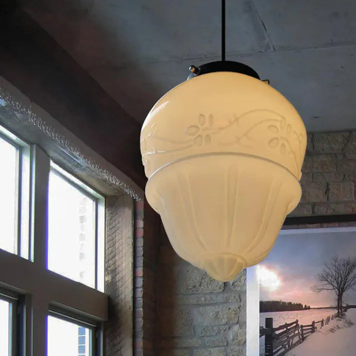 Suspension Vintage en Verre Opalin Blanc | Design Géométrique Élégant