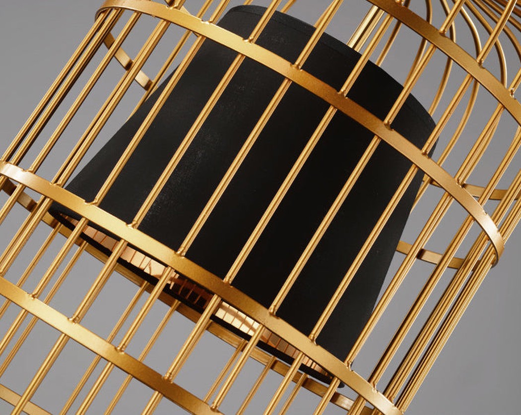 Suspension Cage Dorée avec Abat-Jour Noir en Tissu