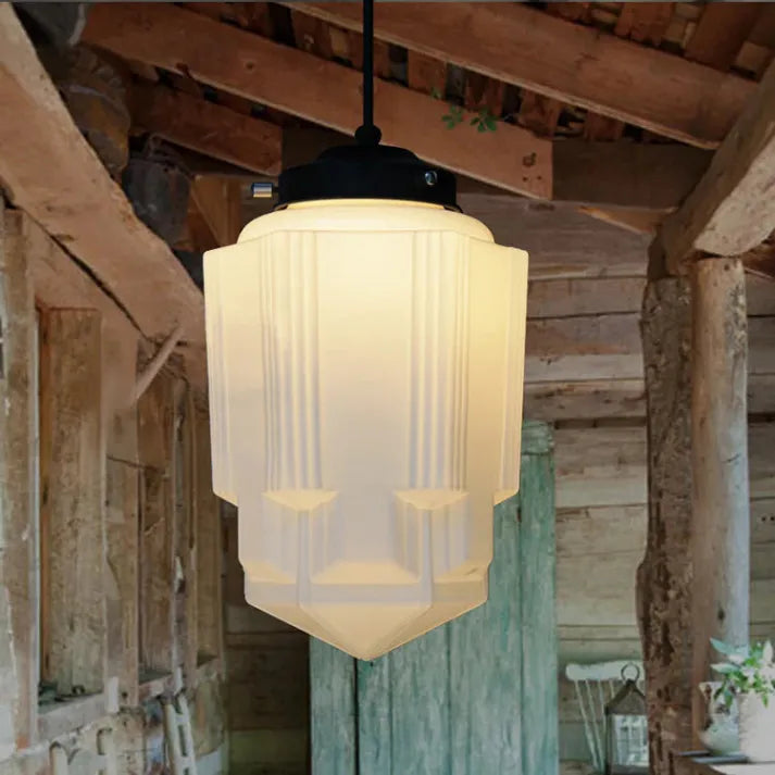 Suspension Vintage en Verre Opalin Blanc | Design Géométrique Élégant