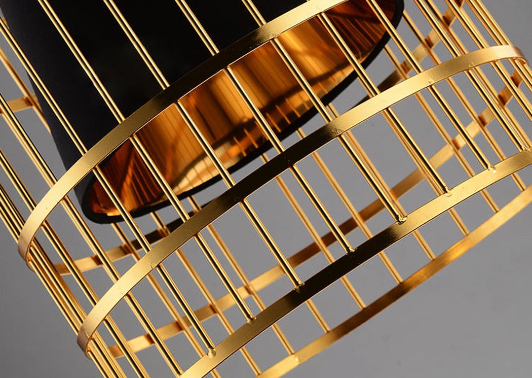 Suspension Cage Dorée avec Abat-Jour Noir en Tissu