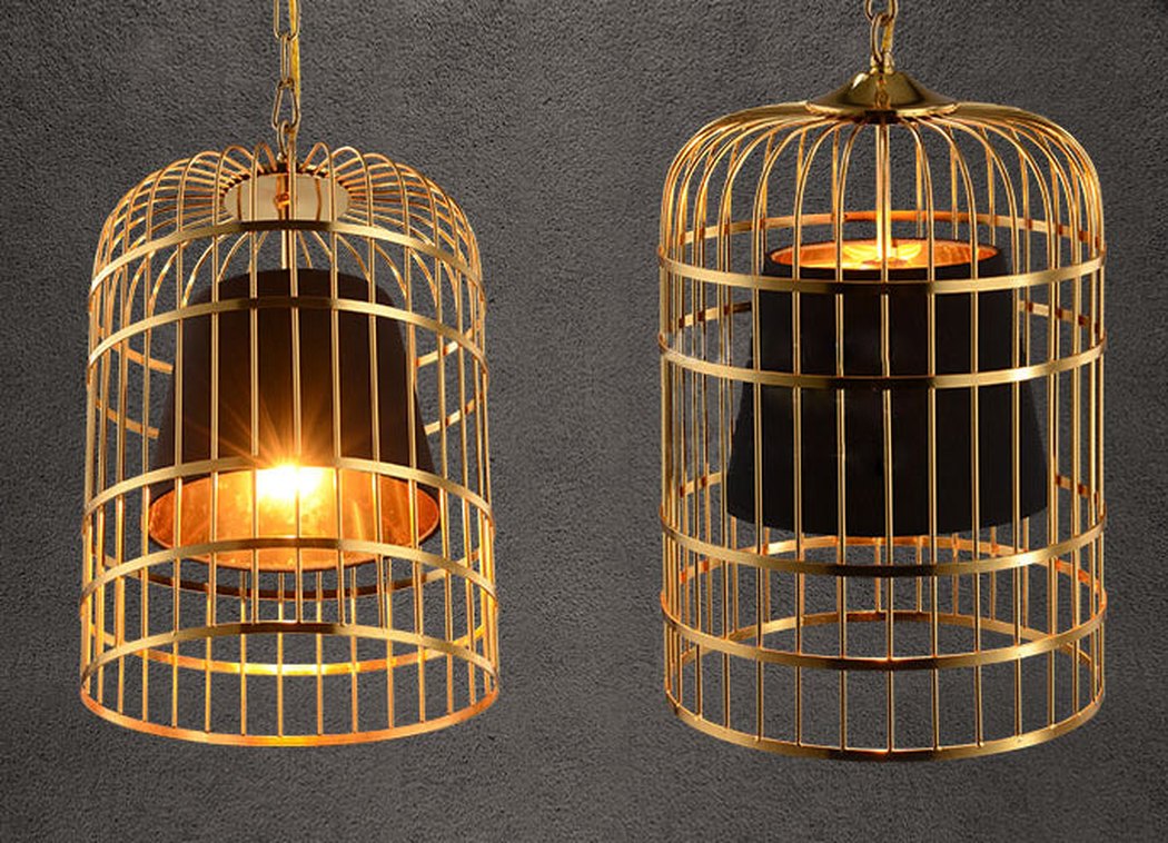 Suspension Cage Dorée avec Abat-Jour Noir en Tissu