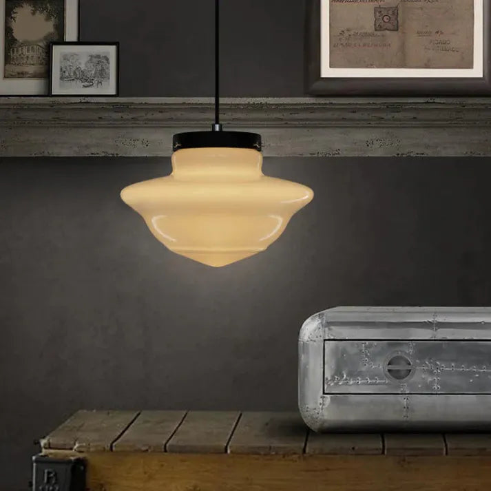 Suspension Vintage en Verre Opalin Blanc | Design Géométrique Élégant