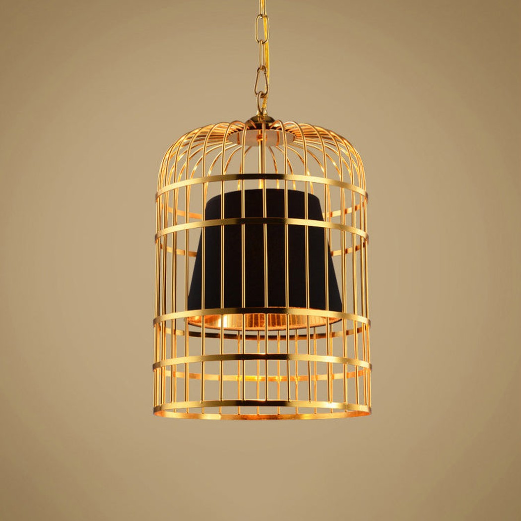 Suspension Cage Dorée avec Abat-Jour Noir en Tissu