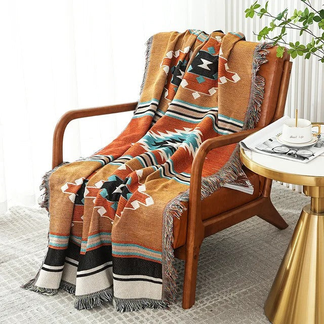 Plaid La Bohème Jacquard, Coton & Polyester, Franges Colorées