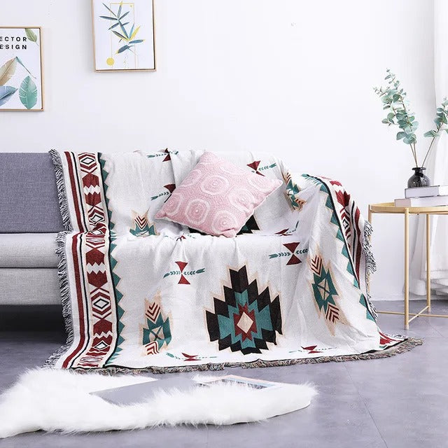 Plaid La Bohème Jacquard, Coton & Polyester, Franges Colorées