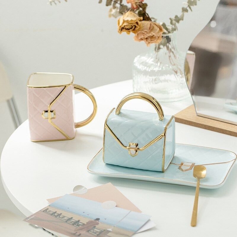 Tasse Sac à Main avec Soucoupe et Cuillère, 310ml, Porcelaine