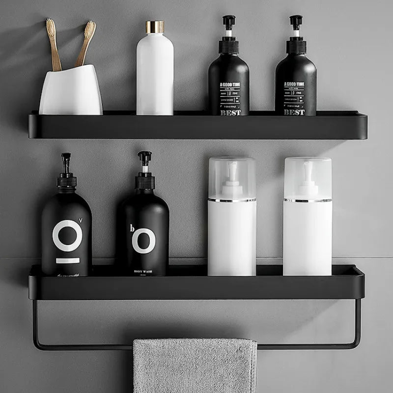 Étagère Murale Salle de Bain Noire Sans Perçage 3 Niveaux
