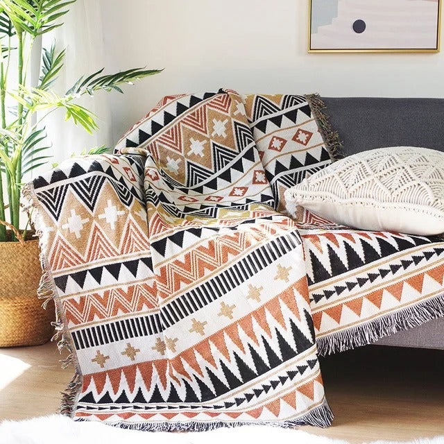 Plaid La Bohème Jacquard, Coton & Polyester, Franges Colorées