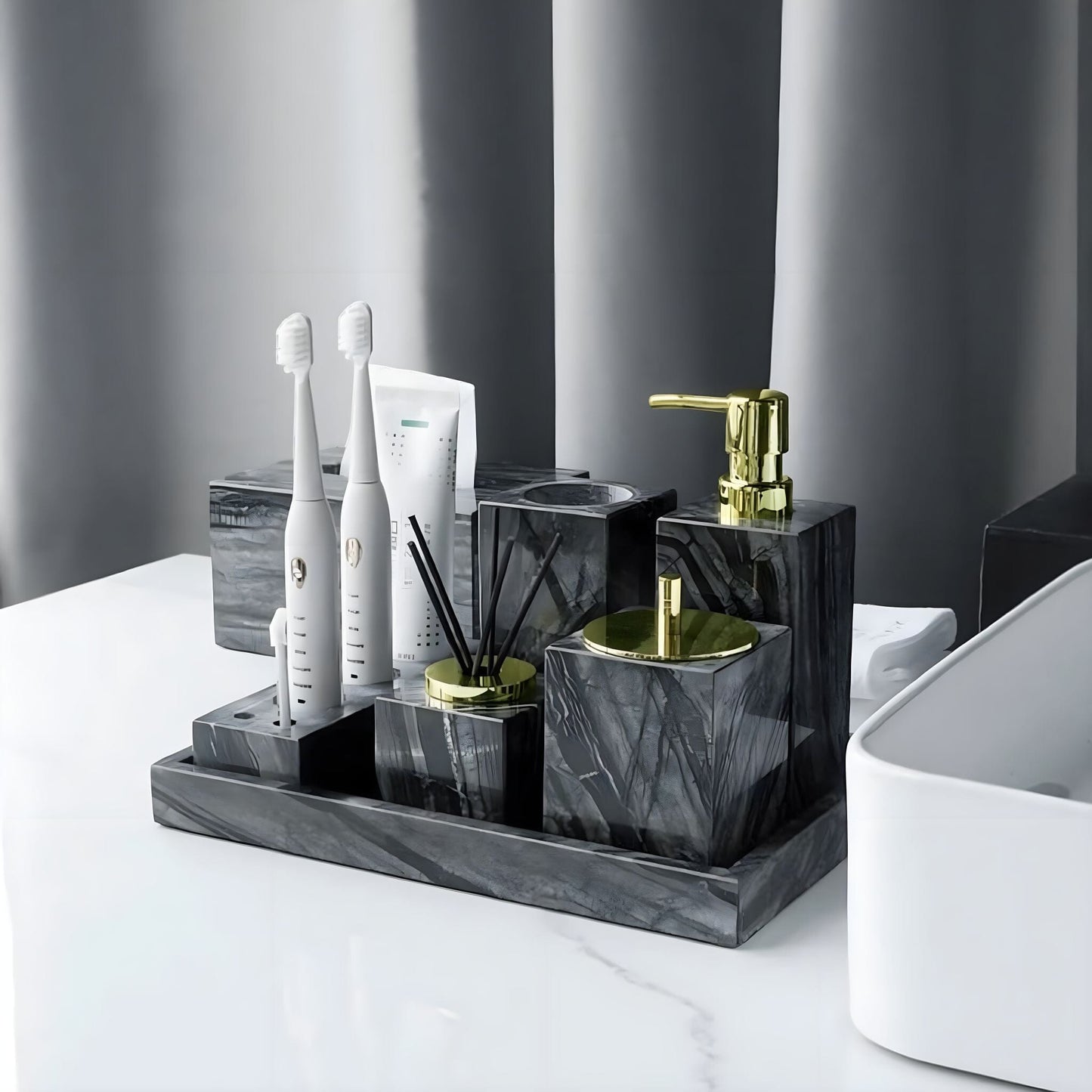 Collection d'Accessoires de Salle de Bain en Marbre Noir Naturel – Élégance Intemporelle et Fonctionnalité Réunie