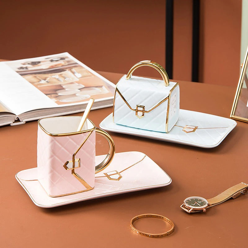 Tasse Sac à Main avec Soucoupe et Cuillère, 310ml, Porcelaine