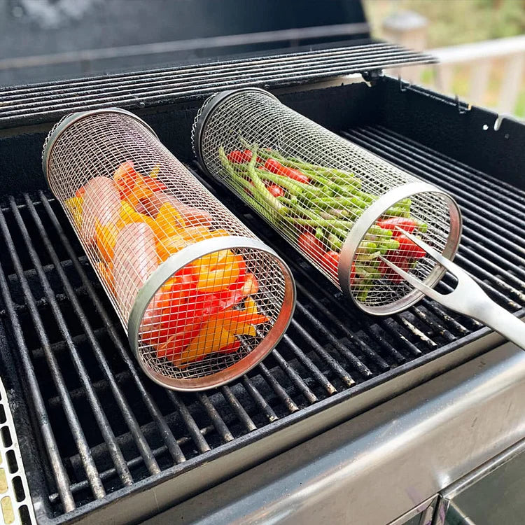 Panier de Grillage Rotatif Inox – Accessoire BBQ pour Légumes, Viandes et Fruits