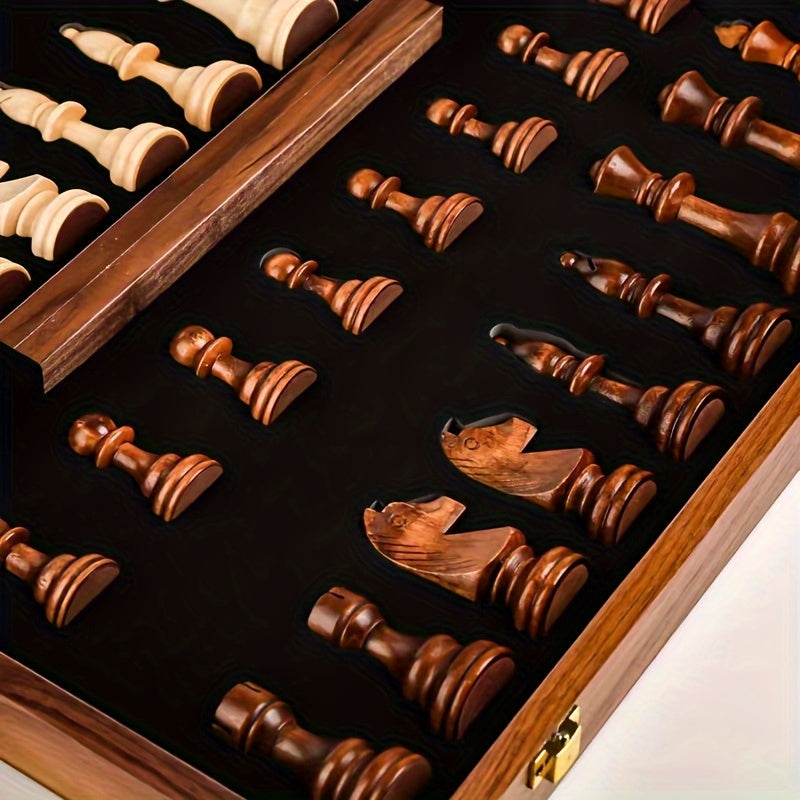 Échiquier en Bois Massif, Pièces Sculptées, Coffret