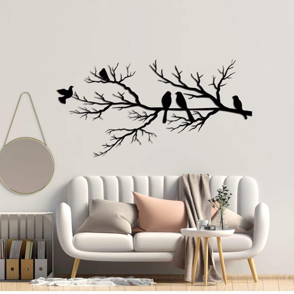 Décoration Murale Métal Oiseaux sur Branche, Noir, 80x34,6cm