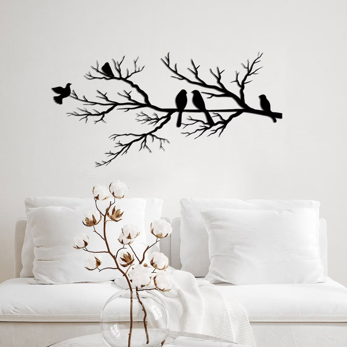 Décoration Murale Métal Oiseaux sur Branche, Noir, 80x34,6cm
