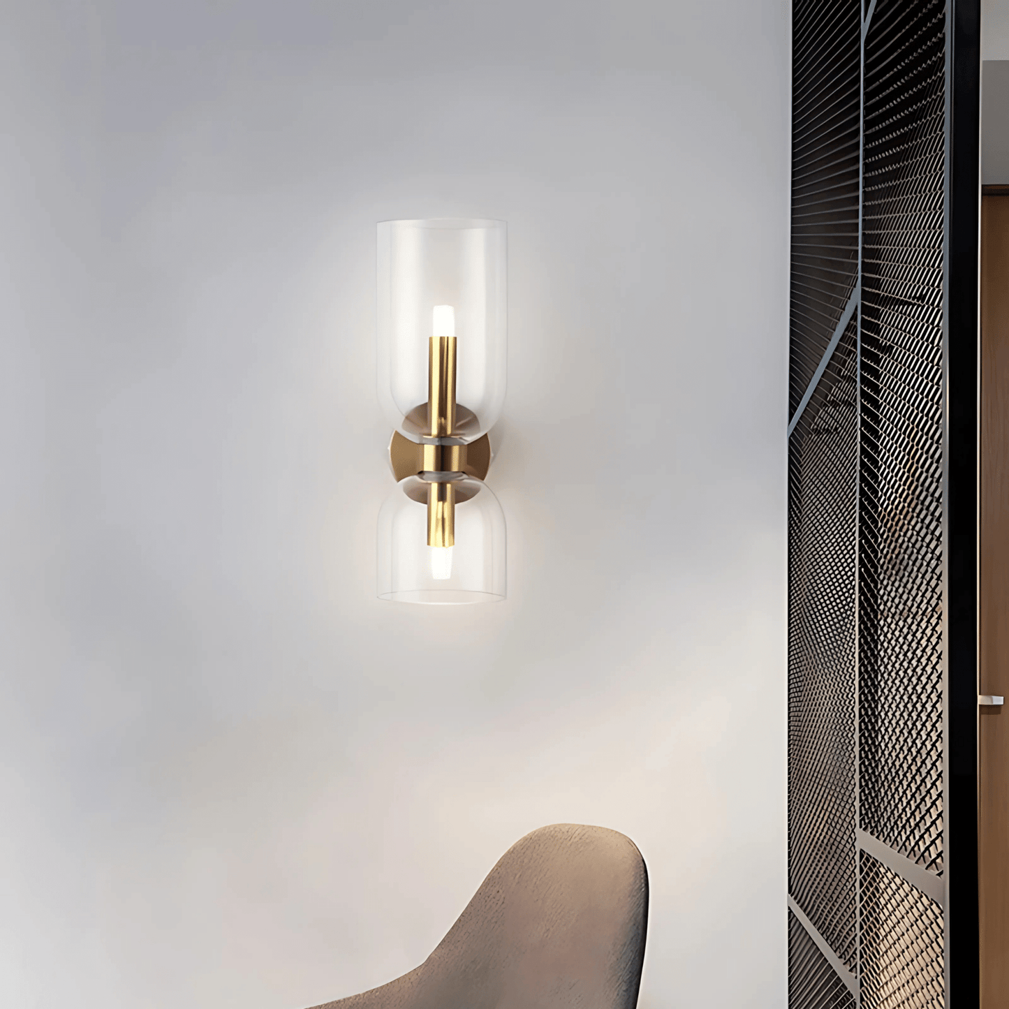 Applique Murale Double, Verre et Laiton, E14 3000K