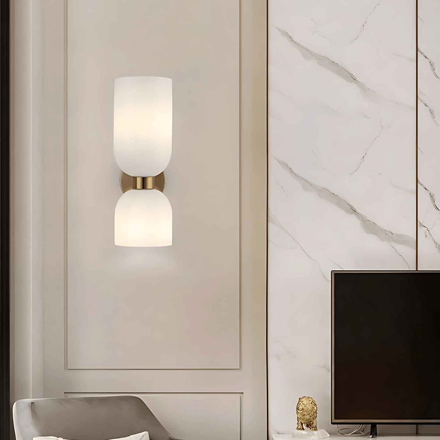Applique Murale Double, Verre et Laiton, E14 3000K