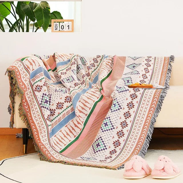 Plaid La Bohème Jacquard, Coton & Polyester, Franges Colorées