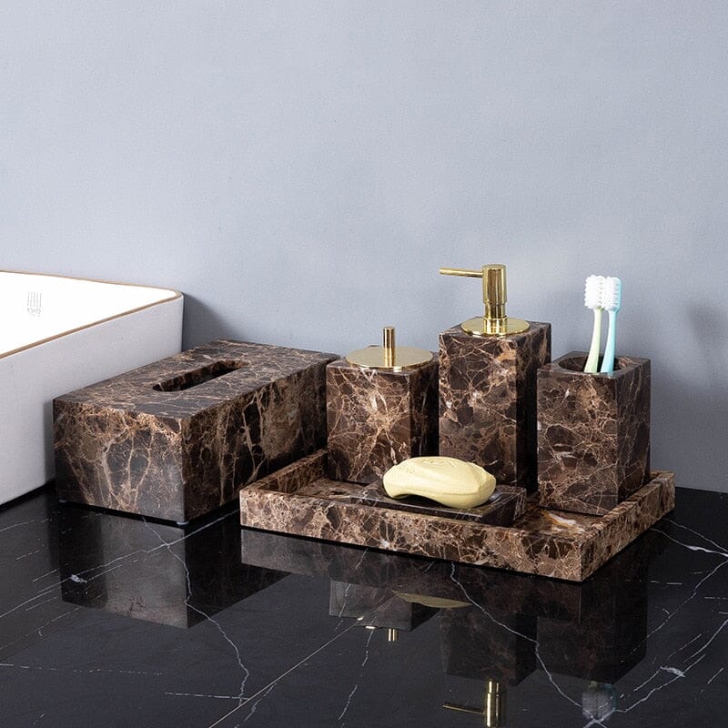 Set Accessoires Salle de Bain en Marbre Brun Naturel