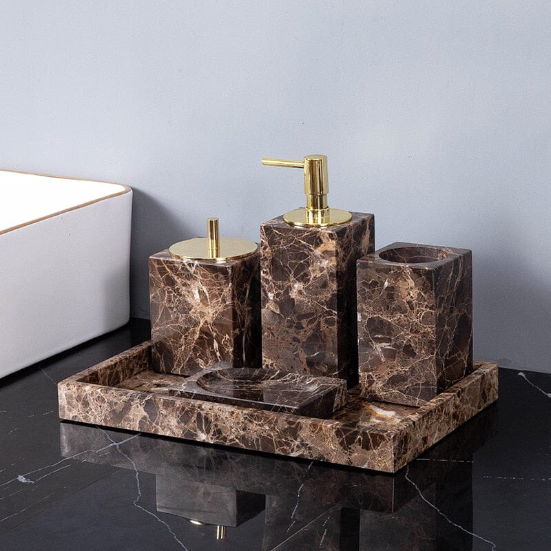 Set Accessoires Salle de Bain en Marbre Brun Naturel