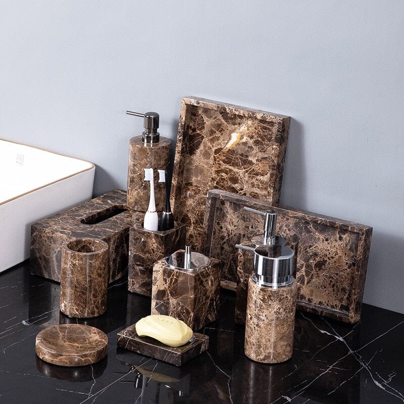 Set Accessoires Salle de Bain en Marbre Brun Naturel
