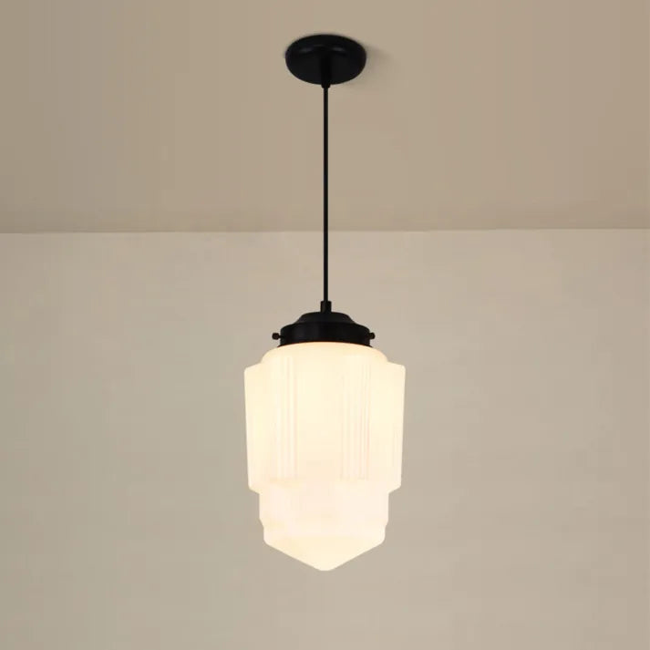 Suspension Vintage en Verre Opalin Blanc | Design Géométrique Élégant
