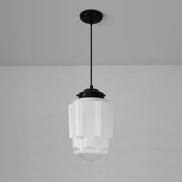 Suspension Vintage en Verre Opalin Blanc | Design Géométrique Élégant