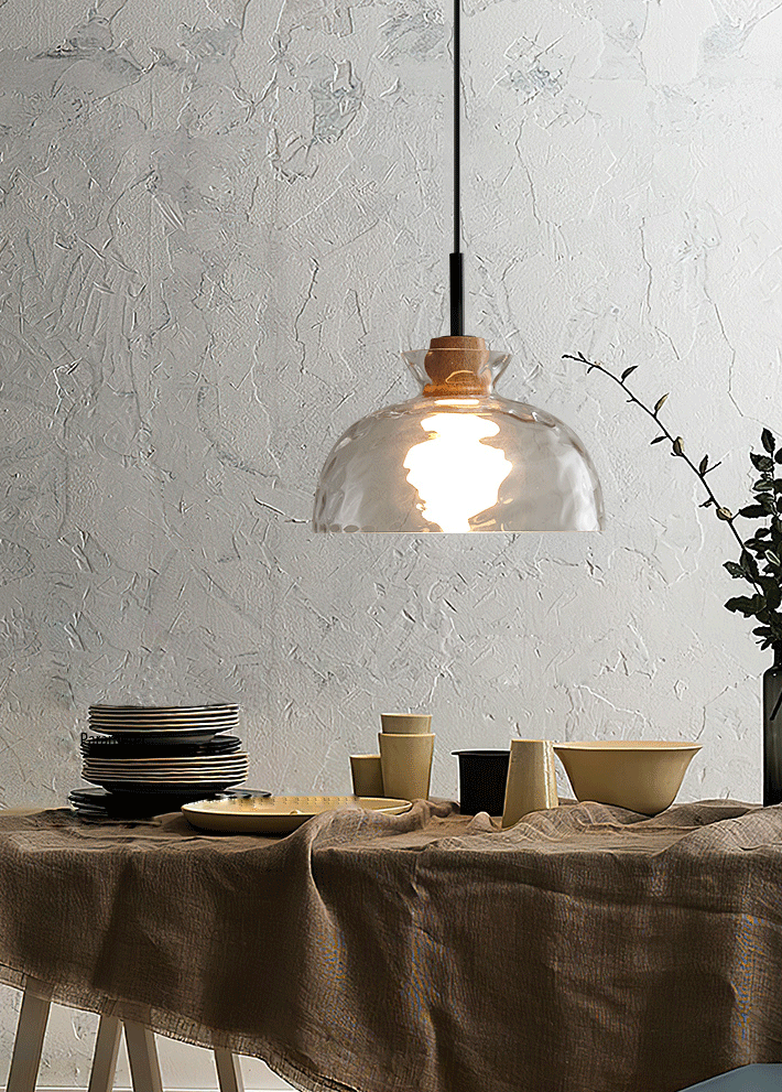 Suspension Verre Élégant E27 – Bois, Métal Noir Mat