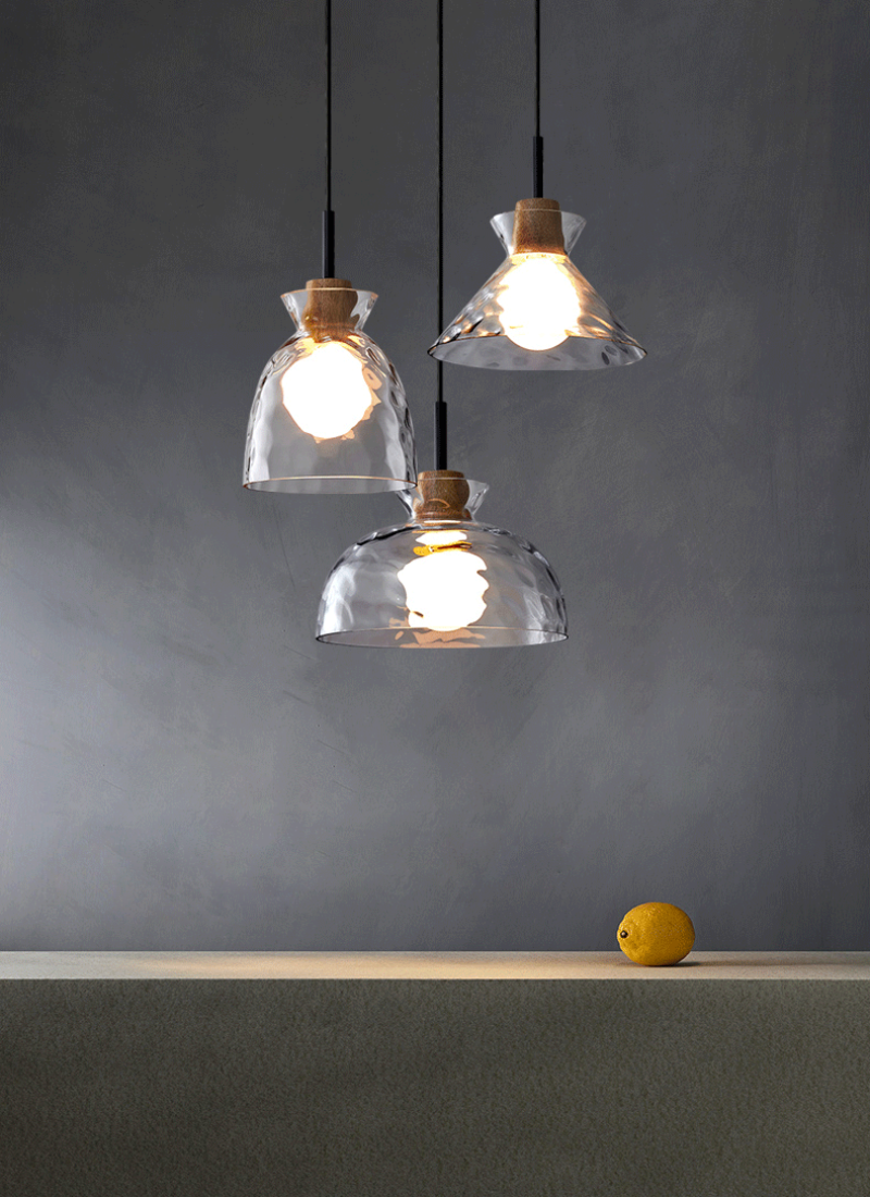 Suspension Verre Élégant E27 – Bois, Métal Noir Mat