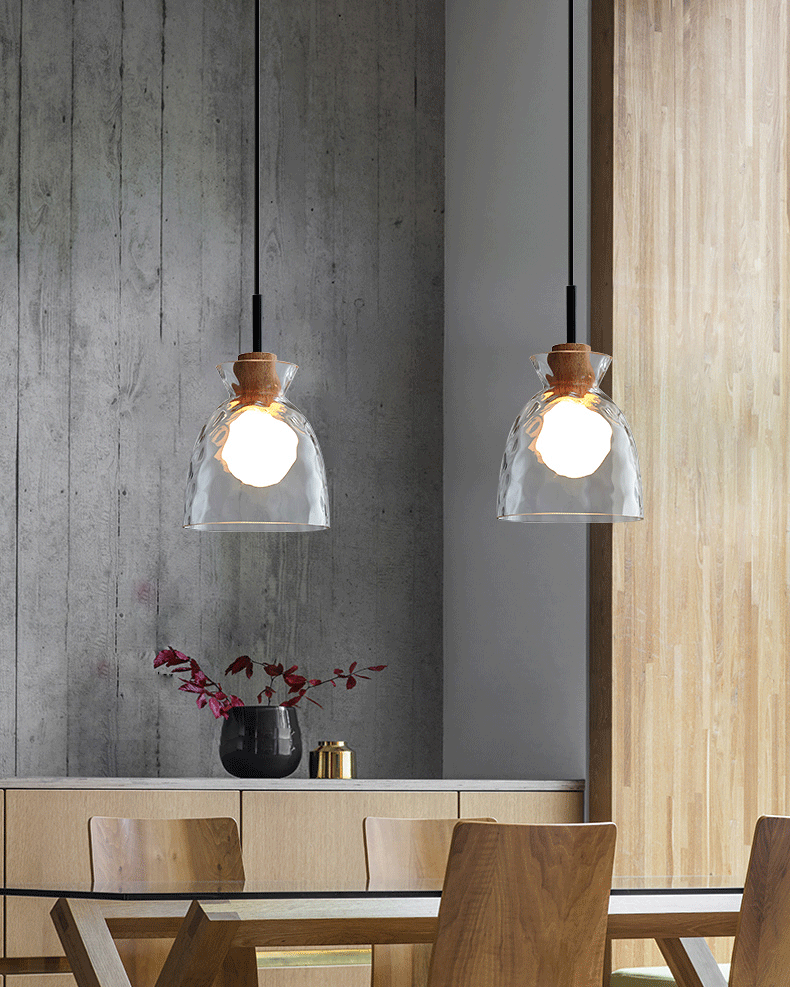 Suspension Verre Élégant E27 – Bois, Métal Noir Mat