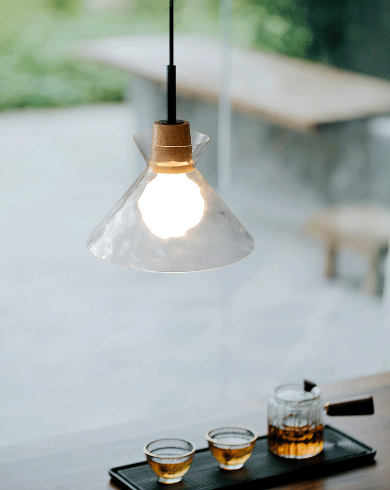 Suspension Verre Élégant E27 – Bois, Métal Noir Mat
