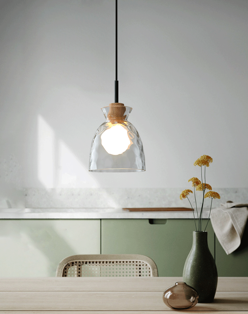 Suspension Verre Élégant E27 – Bois, Métal Noir Mat