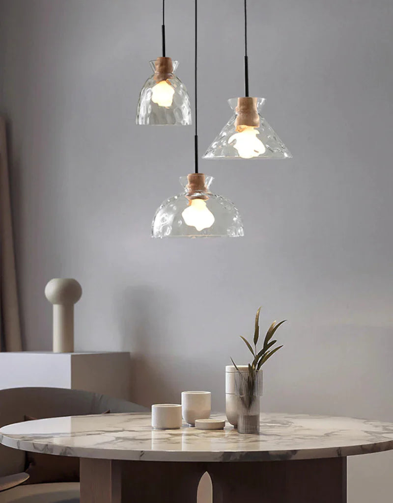 Suspension Verre Élégant E27 – Bois, Métal Noir Mat