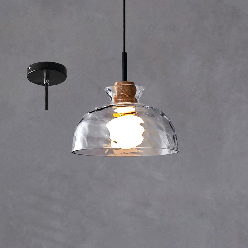 Suspension Verre Élégant E27 – Bois, Métal Noir Mat