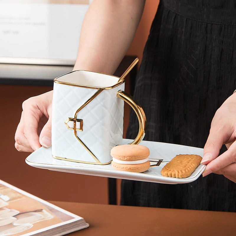 Tasse Sac à Main avec Soucoupe et Cuillère, 310ml, Porcelaine