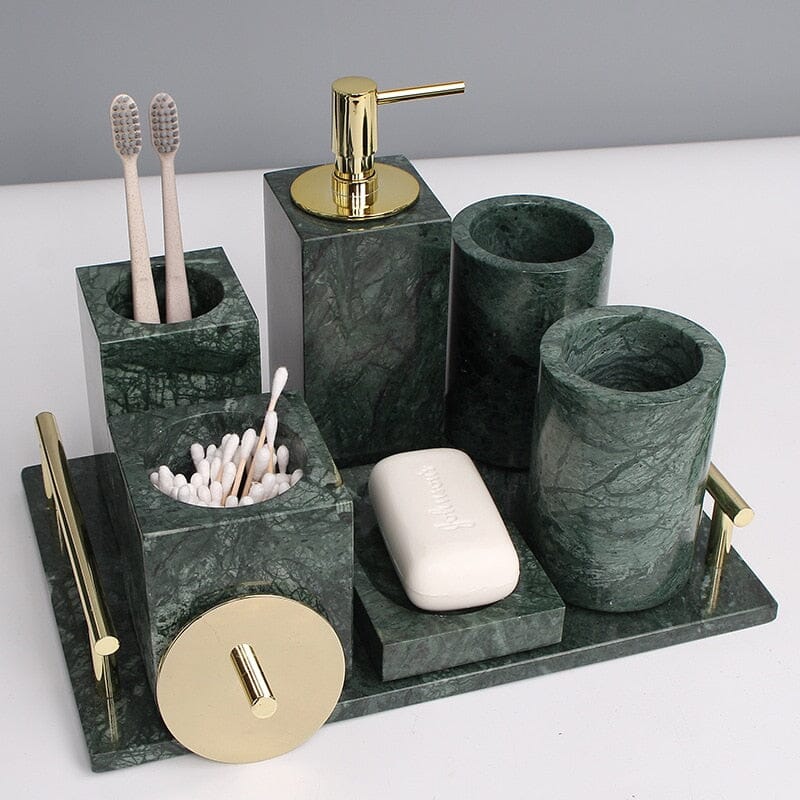 Ensemble d'Accessoires de Salle de Bain en Marbre Vert Émeraude – Élégance Naturelle et Raffinée