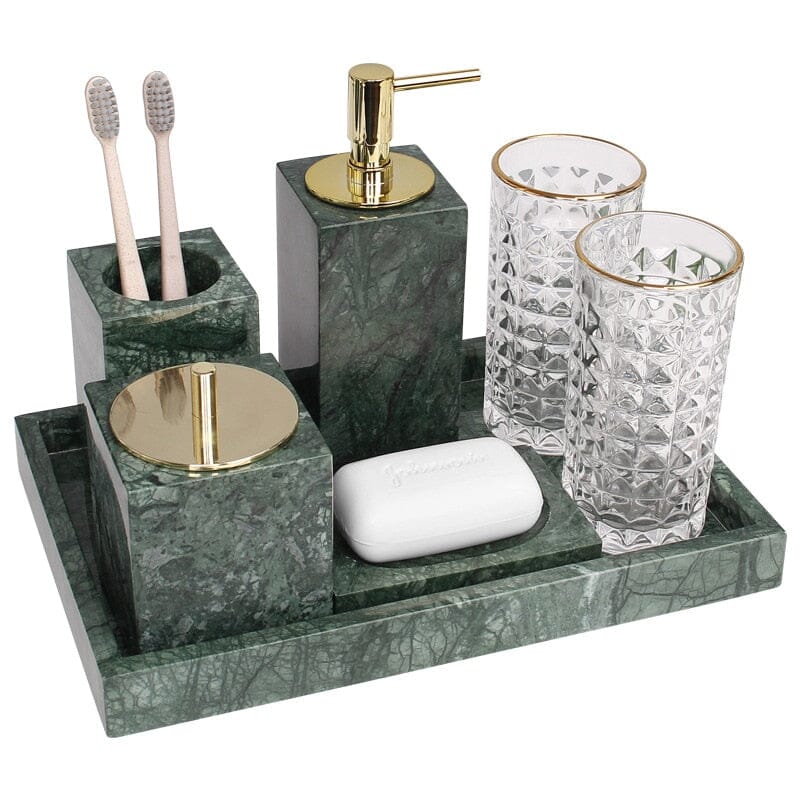 Ensemble d'Accessoires de Salle de Bain en Marbre Vert Émeraude – Élégance Naturelle et Raffinée
