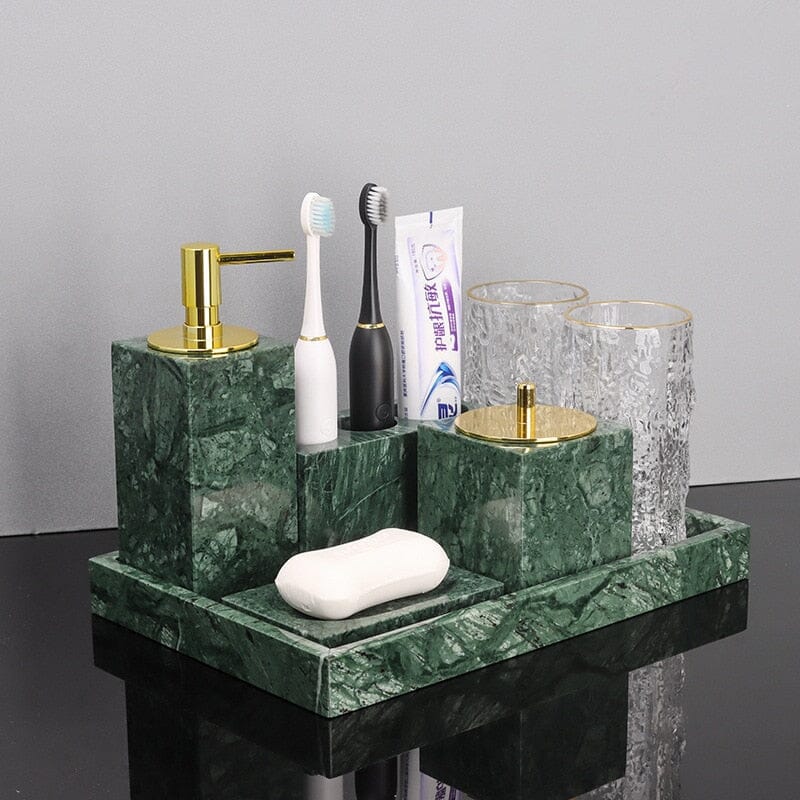 Ensemble d'Accessoires de Salle de Bain en Marbre Vert Émeraude – Élégance Naturelle et Raffinée