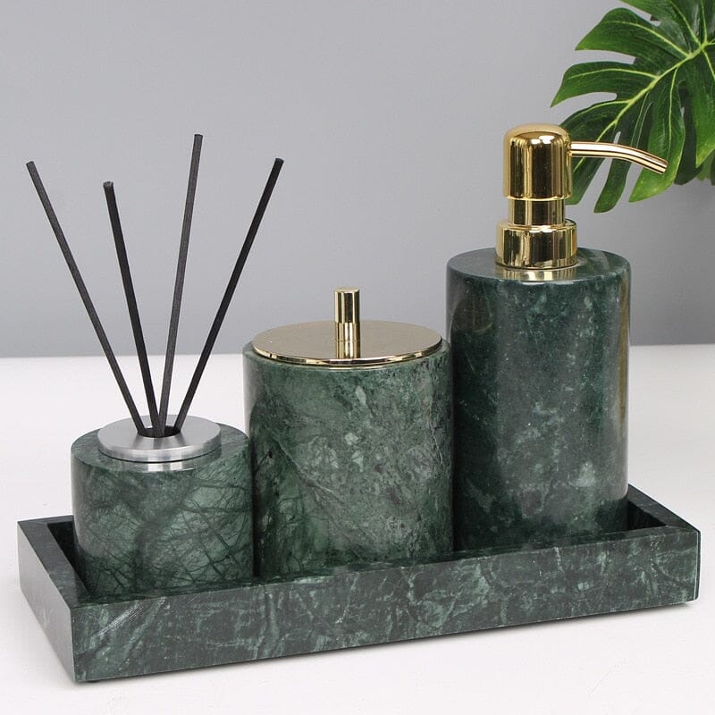 Ensemble d'Accessoires de Salle de Bain en Marbre Vert Émeraude – Élégance Naturelle et Raffinée