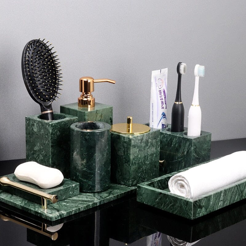 Ensemble d'Accessoires de Salle de Bain en Marbre Vert Émeraude – Élégance Naturelle et Raffinée