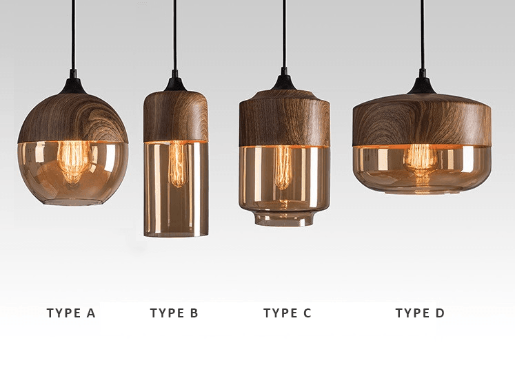 Suspension Bois & Verre Teinté, Style Nordique, Hauteur Réglable