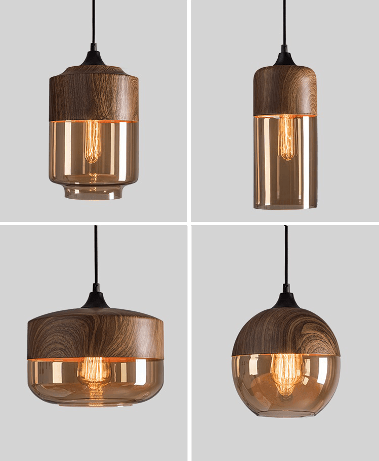 Suspension Bois & Verre Teinté, Style Nordique, Hauteur Réglable