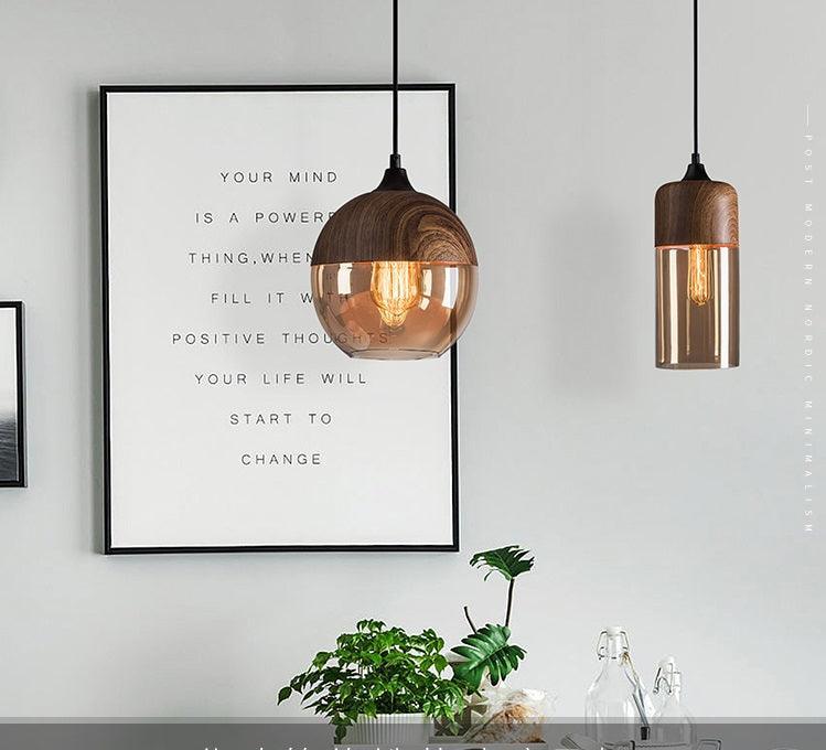 Suspension Bois & Verre Teinté, Style Nordique, Hauteur Réglable