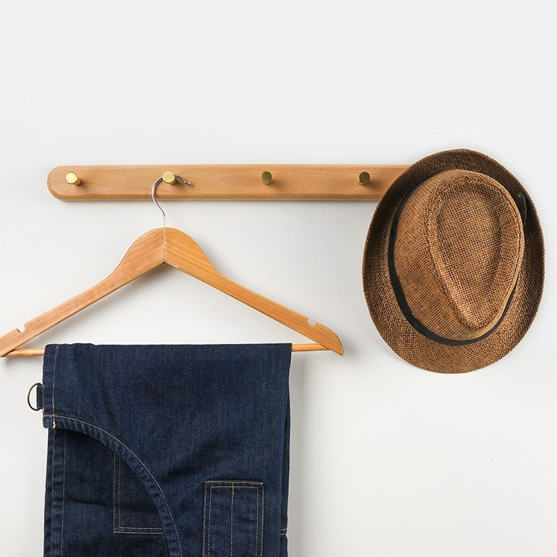 Porte-Manteau Mural Scandinave en Bois Naturel et Laiton