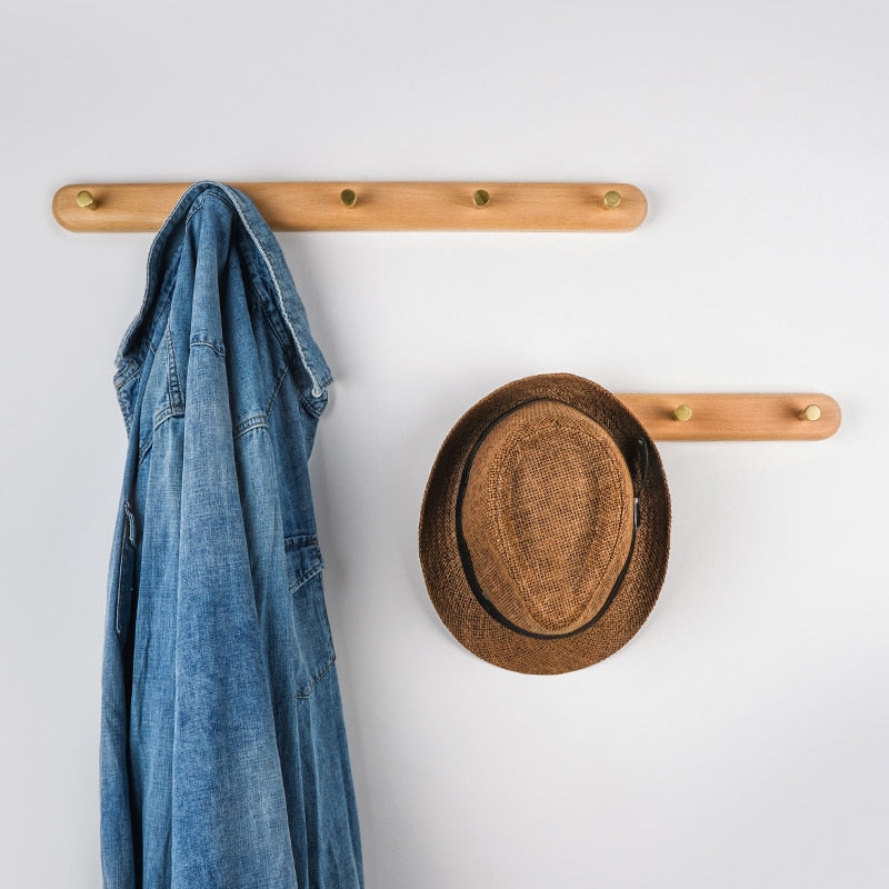 Porte-Manteau Mural Scandinave en Bois Naturel et Laiton