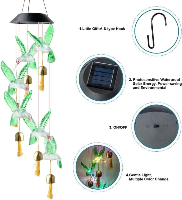Carillon Solaire Colibri – Éclairage Extérieur LED Changeant de Couleurs pour Jardin et Balcon