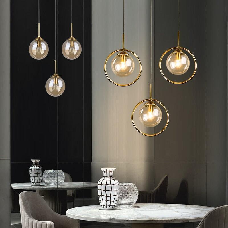 Suspension Boule Verre, Anneau Métal Doré ou Noir