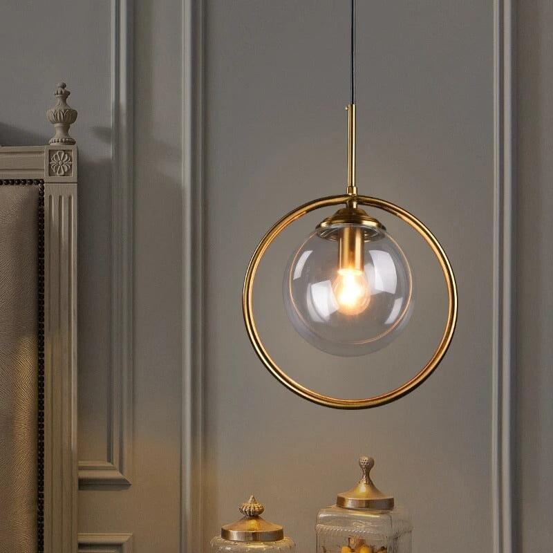 Suspension Boule Verre, Anneau Métal Doré ou Noir