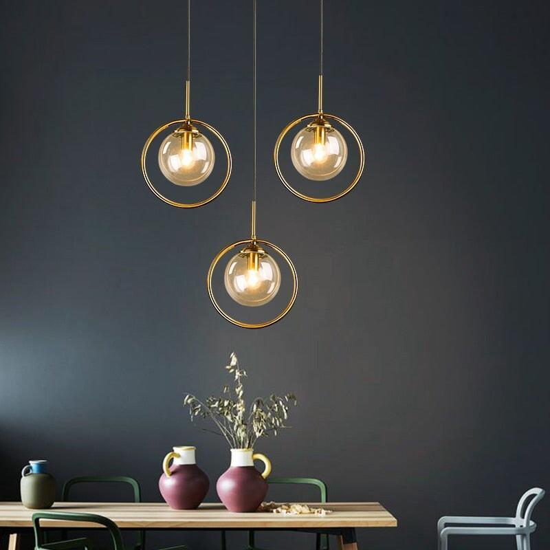 Suspension Boule Verre, Anneau Métal Doré ou Noir
